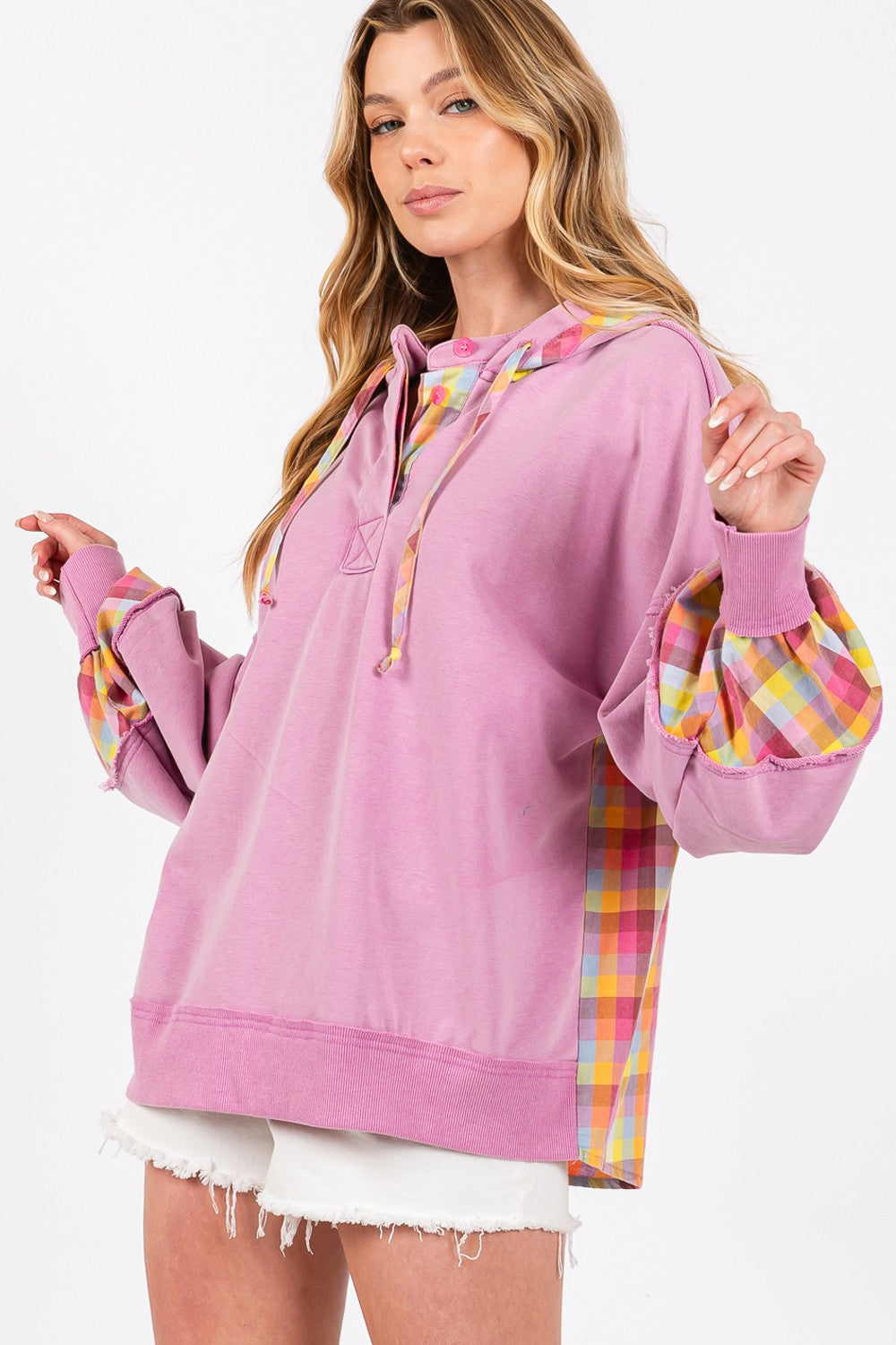 Lilac Plaid Print Washed Hoodie