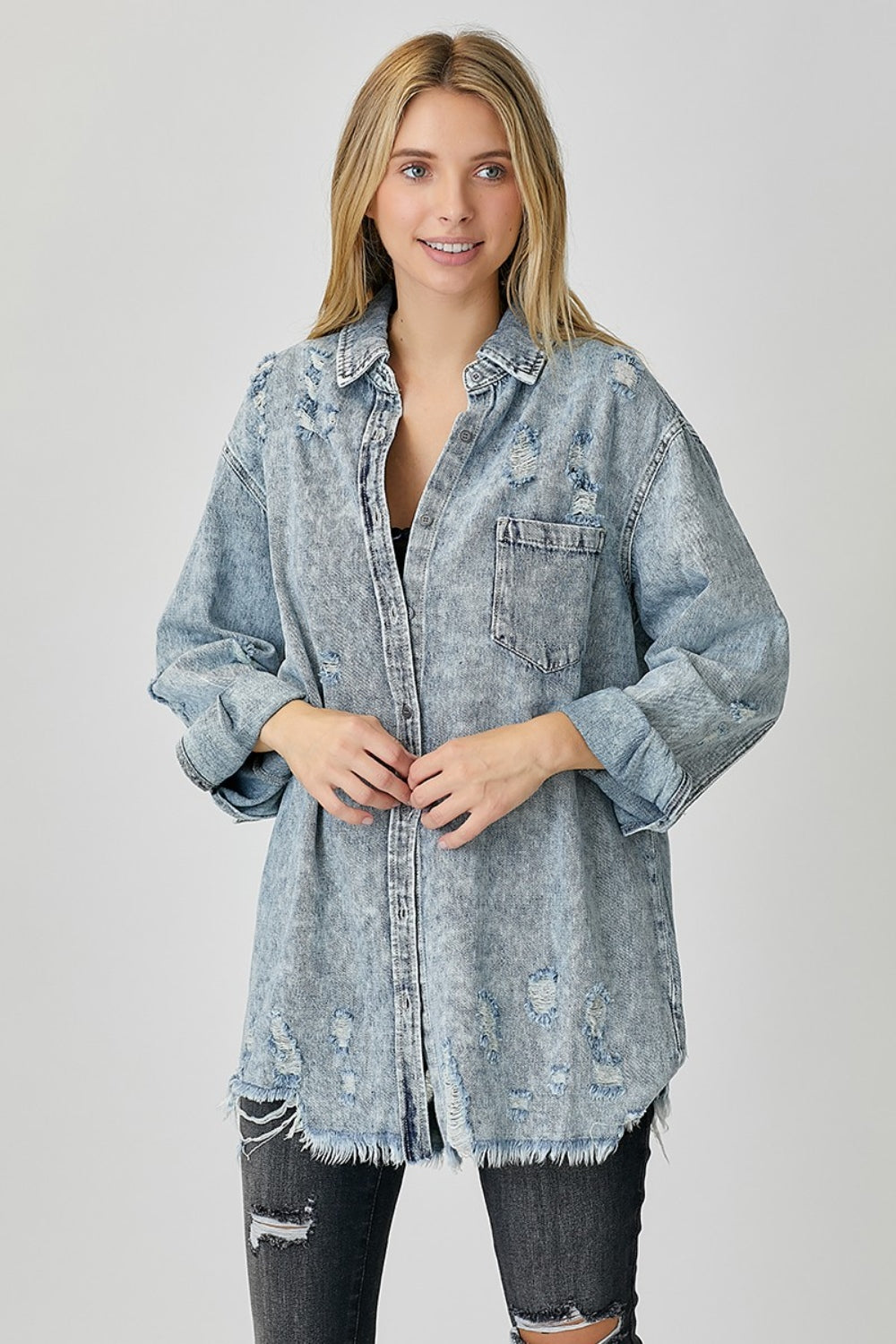 Acid Light Distressed Raw Hem Denim Shirt