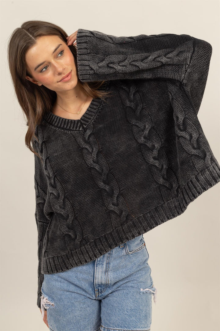 Charcoal Cable Knit V-Neck Dropped Shoulder Oversized Sweater