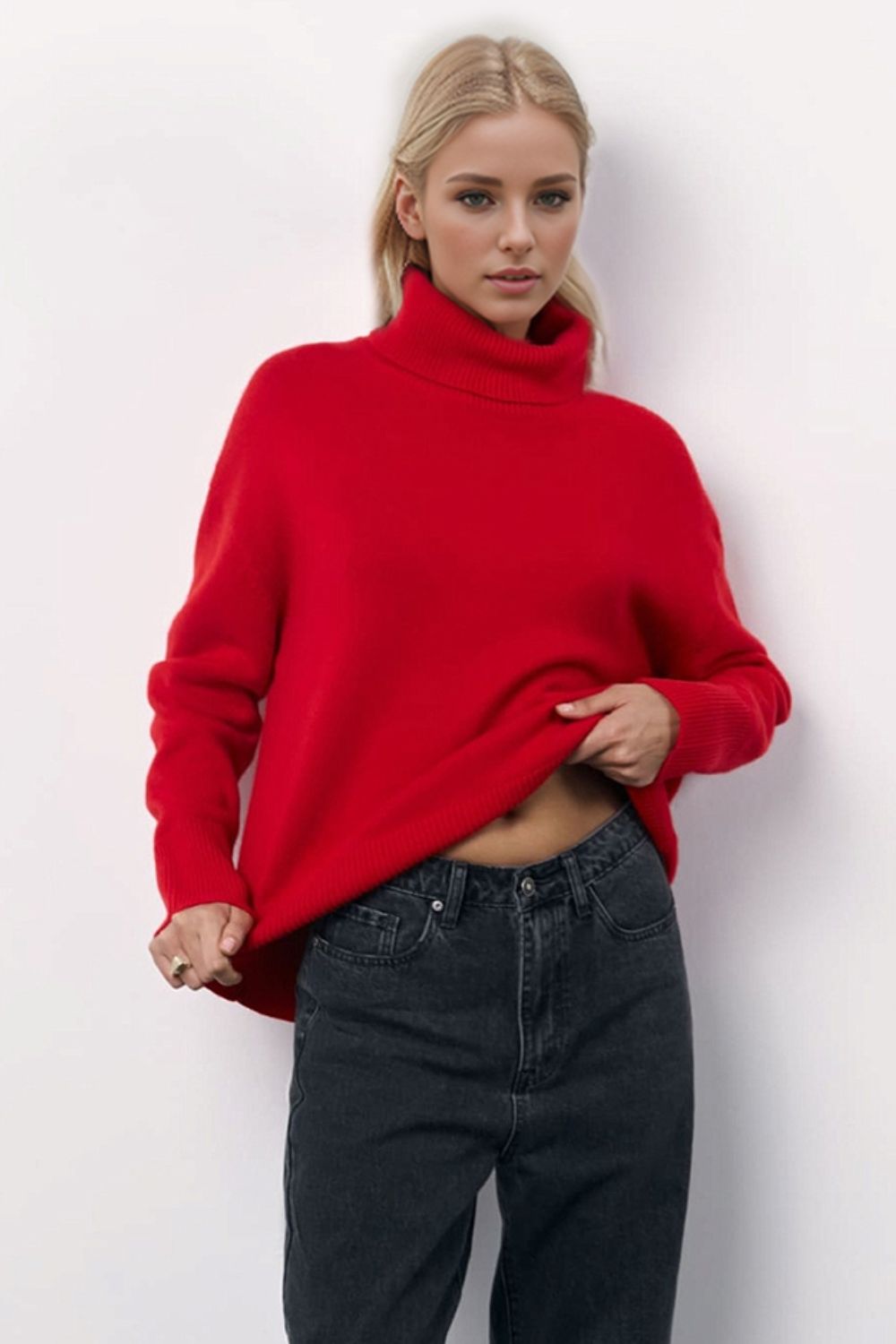 Turtleneck Long Sleeve Dropped Shoulder Sweater