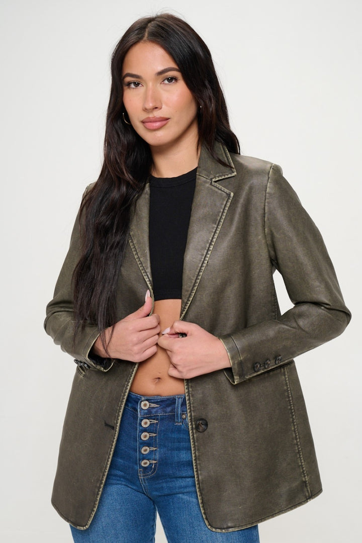 Olive Brown Single-Breasted Vegan Leather Blazer