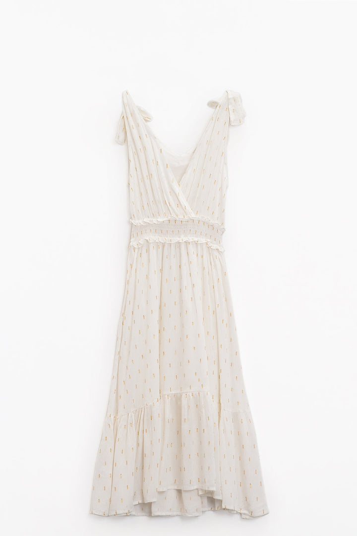 Wrapped White Midi Dress with Smock Detail at the Waist and Golden Polka Dots