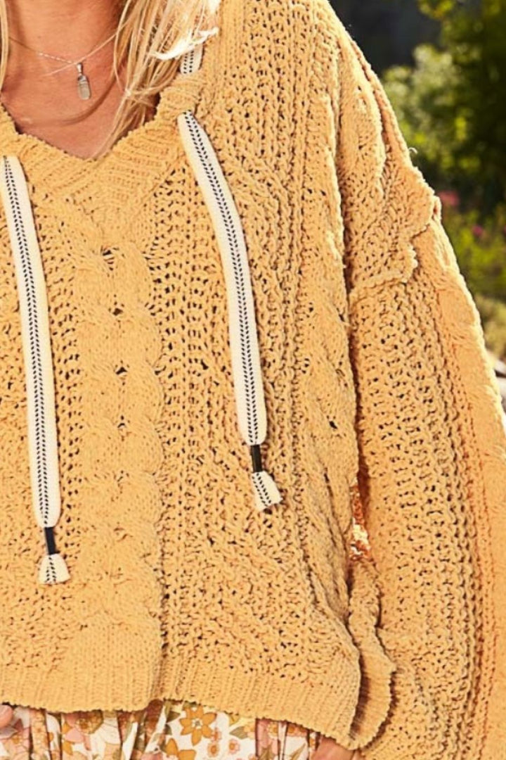 Honey Gold Cable Knit Hooded Chenille Sweater