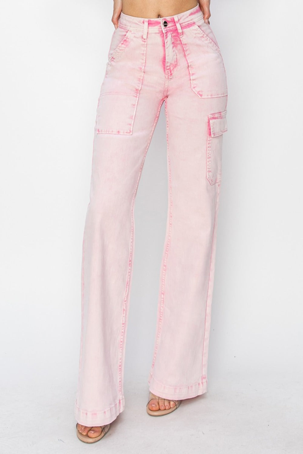 Acid Pink High Rise Wide Leg Cargo Pocket Jeans