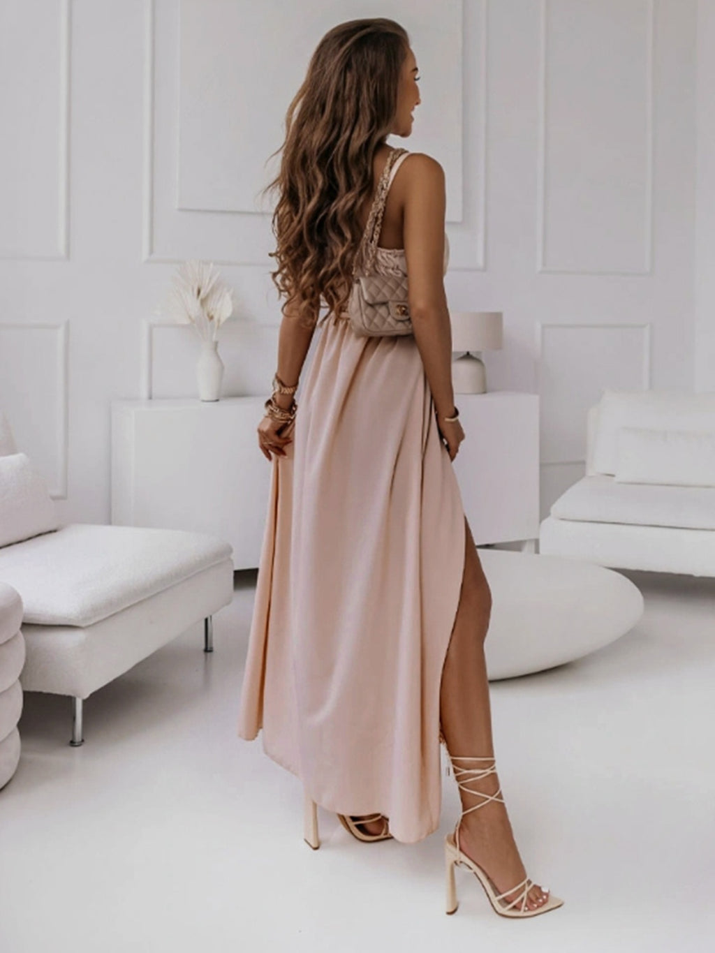Tied Surplice Sleeveless Midi Cami Dress in Pale Blush