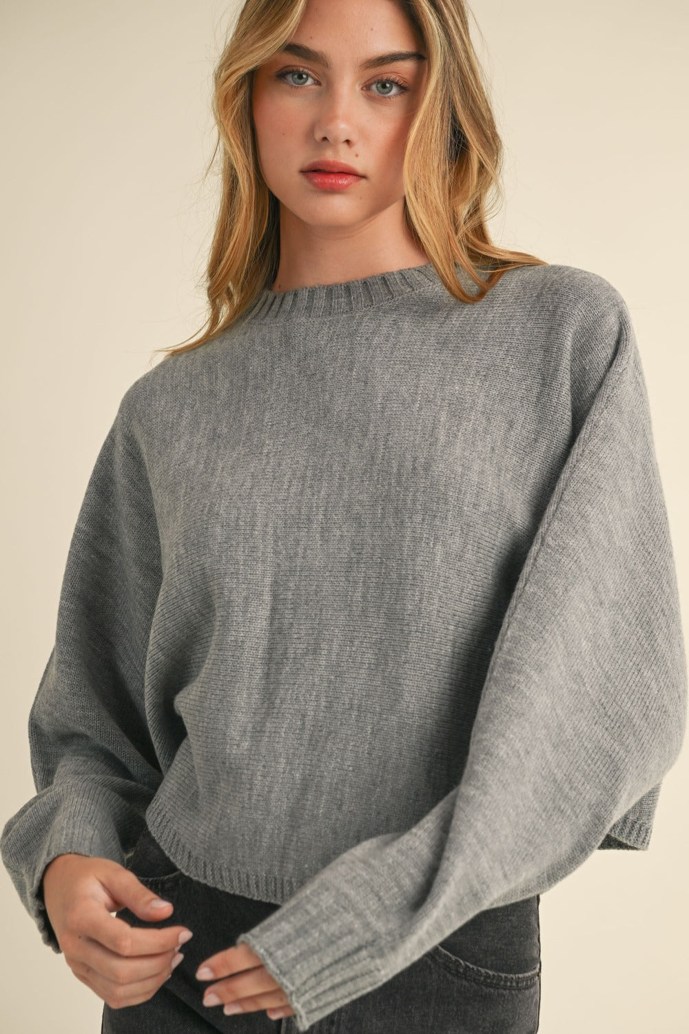 Grey Round Neck Dolman Sleeve Cropped Sweater