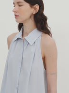 Stand-Up Collar Sleeveless Striped Shirt 'Poland Island' Pure Cotton