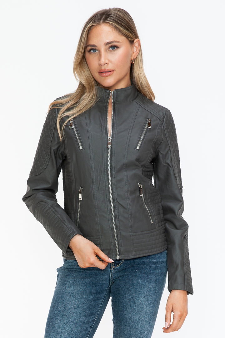 Charcoal Faux Leather Zip Up Mock Neck Jacket