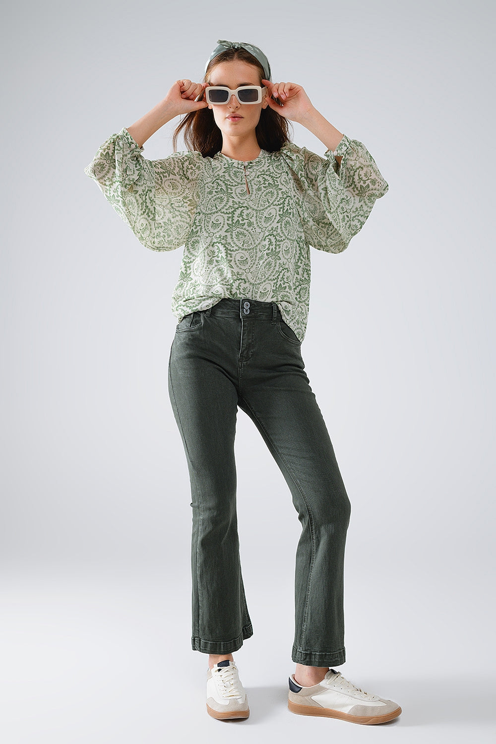 Skinny Flared Jeans with Double Button Detail in Khaki