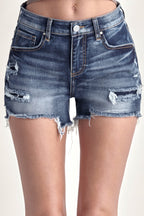 Dark Blue Mid Rise Raw Hem Denim Shorts