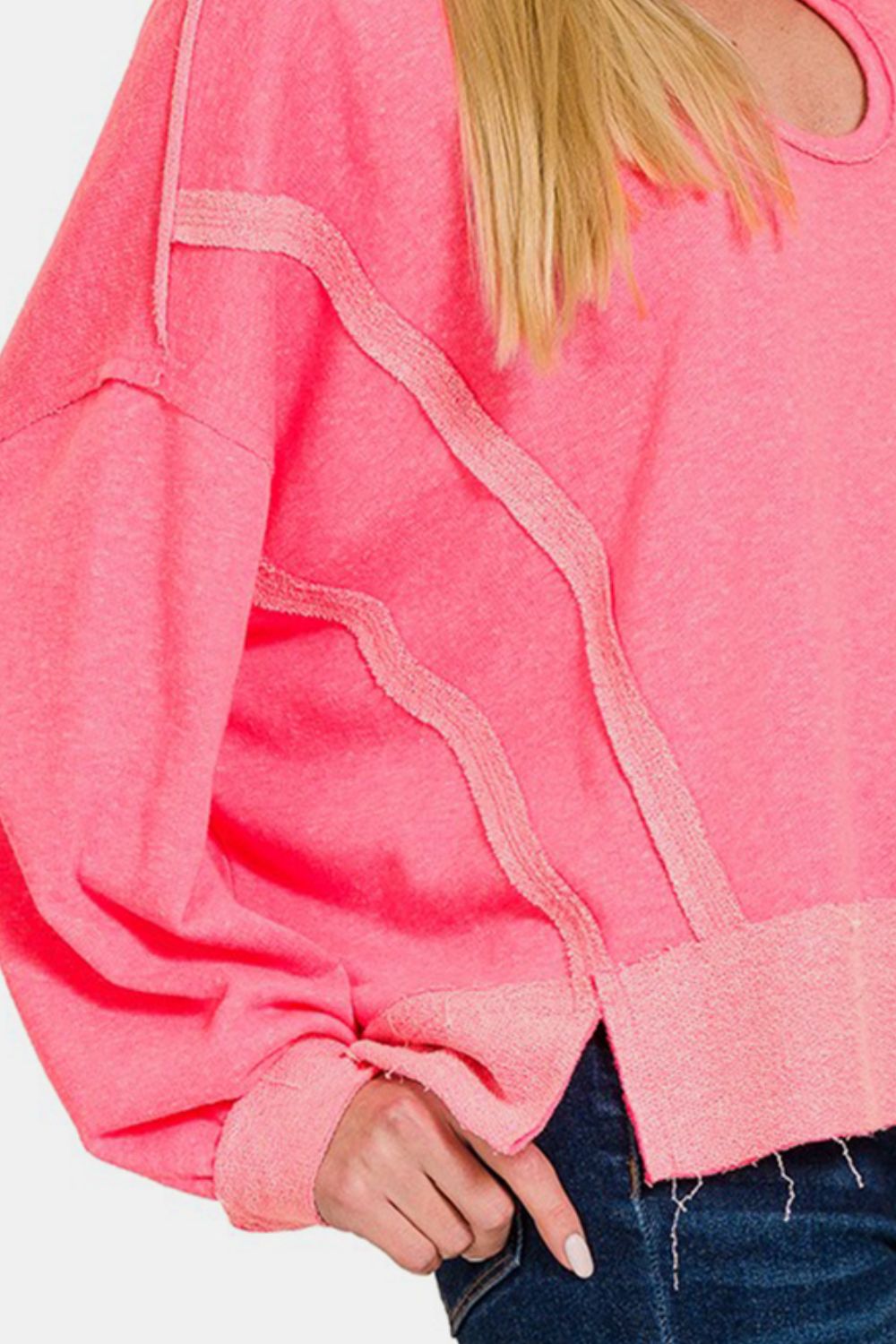 Fuchsia Contrast Trim Slit Hoodie