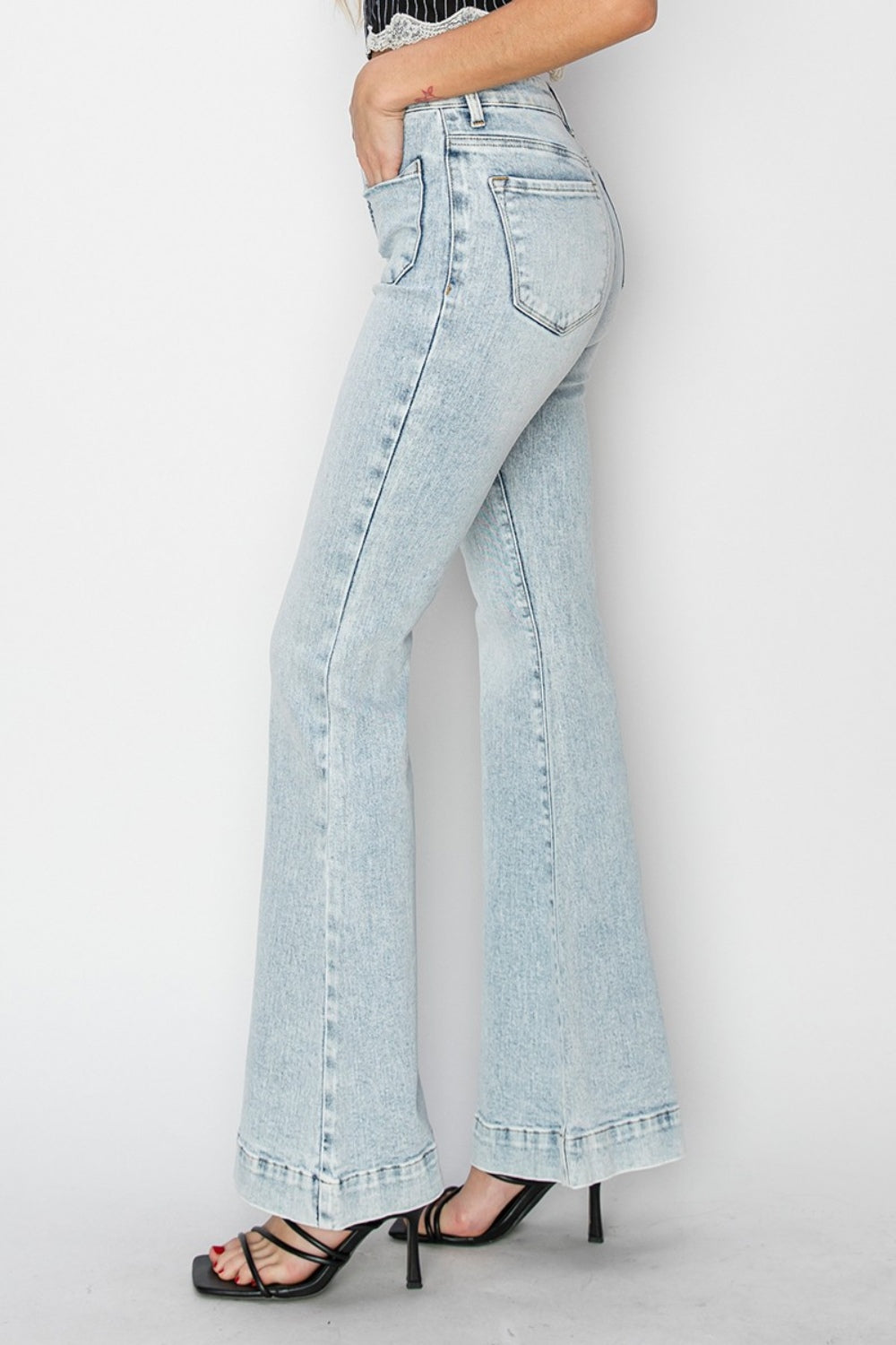 High Rise Front Patch Pocket Flare Jeans