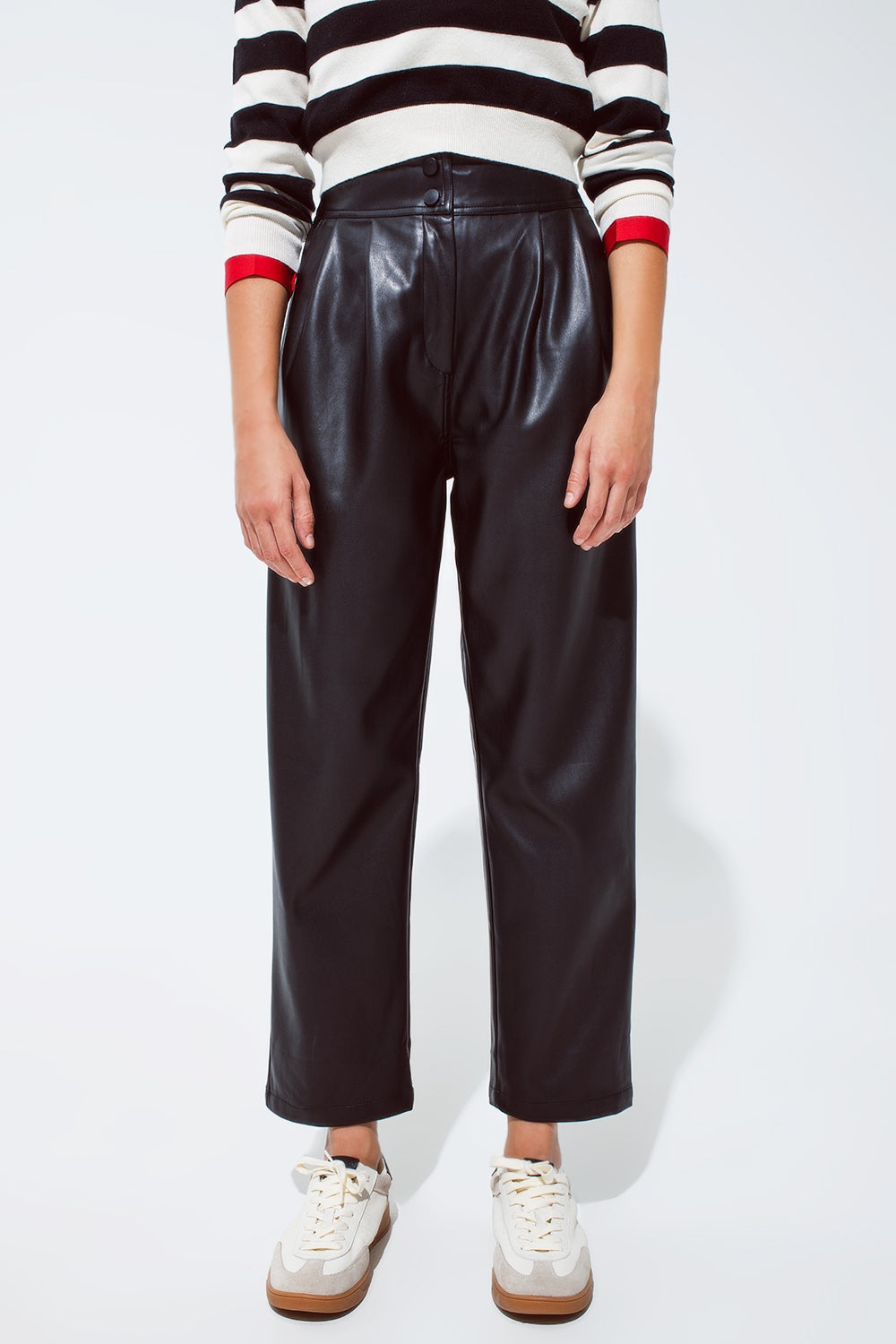 Faux Leather Pants with Pleats and Elastic Waist