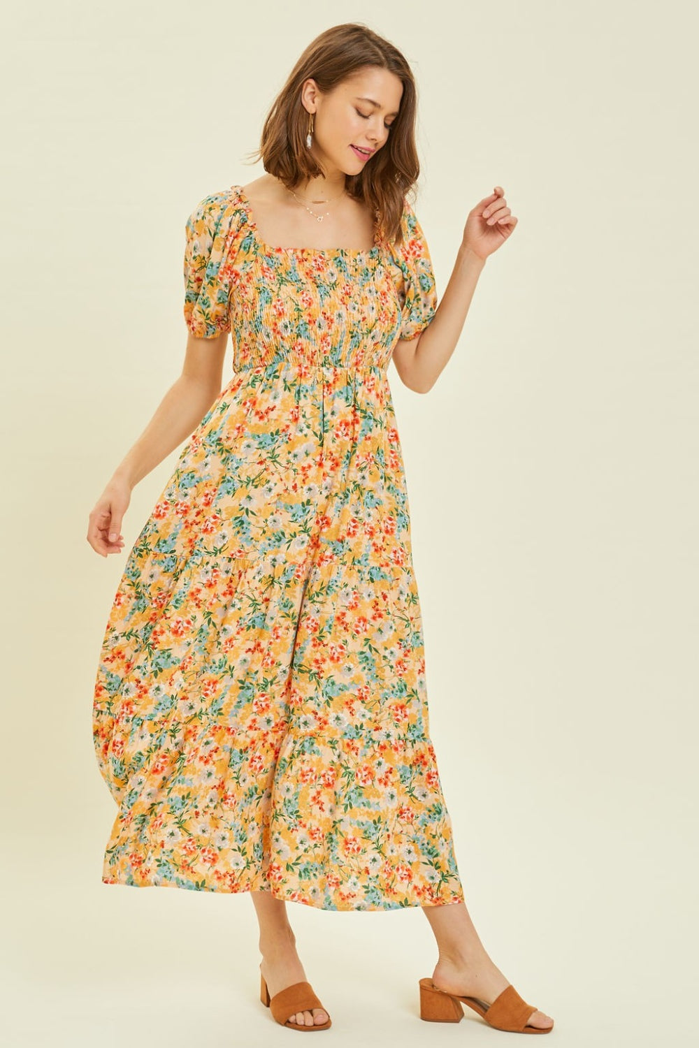 Floral Print Full Size Floral Smocked Tiered Midi Dress