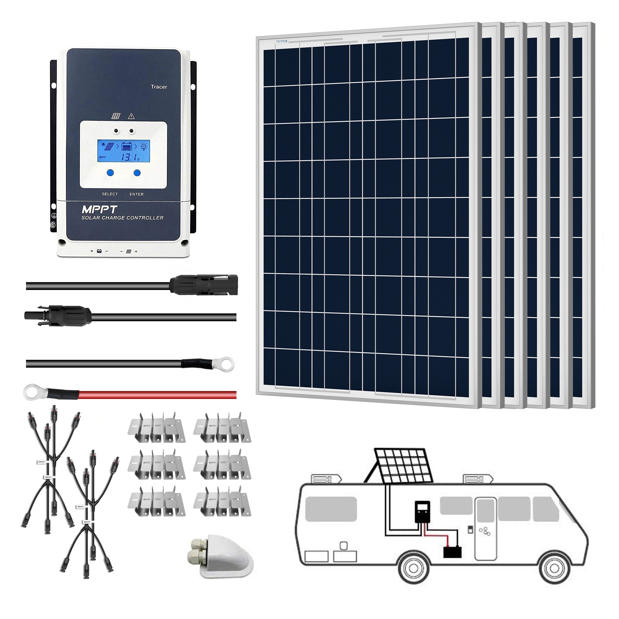 600W 12V Poly Solar RV Kits 50A MPPT Charge Controller (6x100W 50A)
