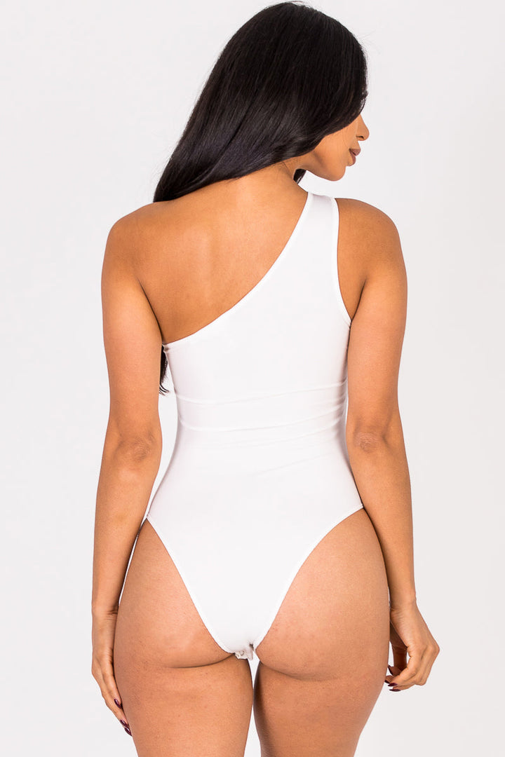 Ribbed Knit Cut Out One Shoulder Bodysuit