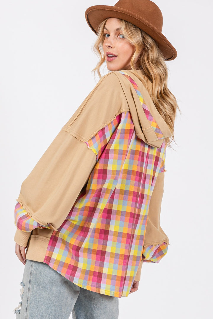 Beige Plaid Print Washed Hoodie