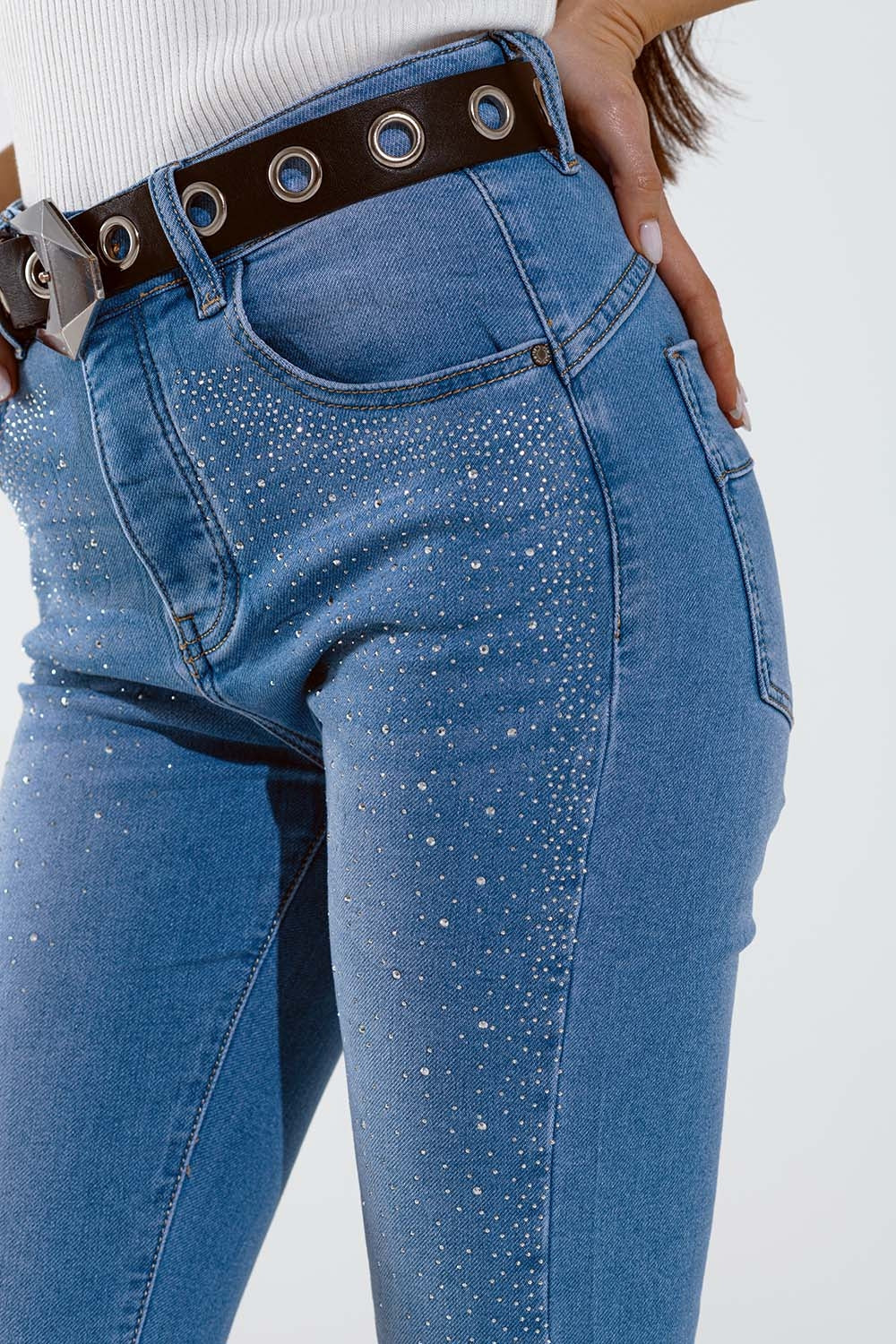 Skinny Jeans in Washed Blue with Strass All Over the Front