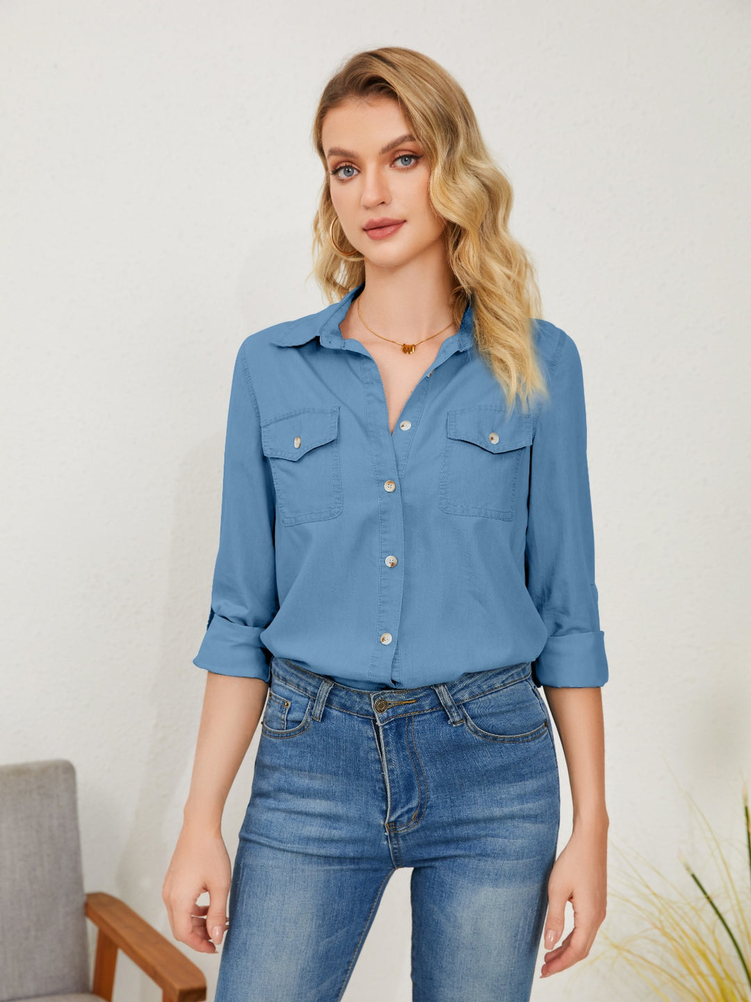 Button Up Long Sleeve Denim Shirt with Pockets