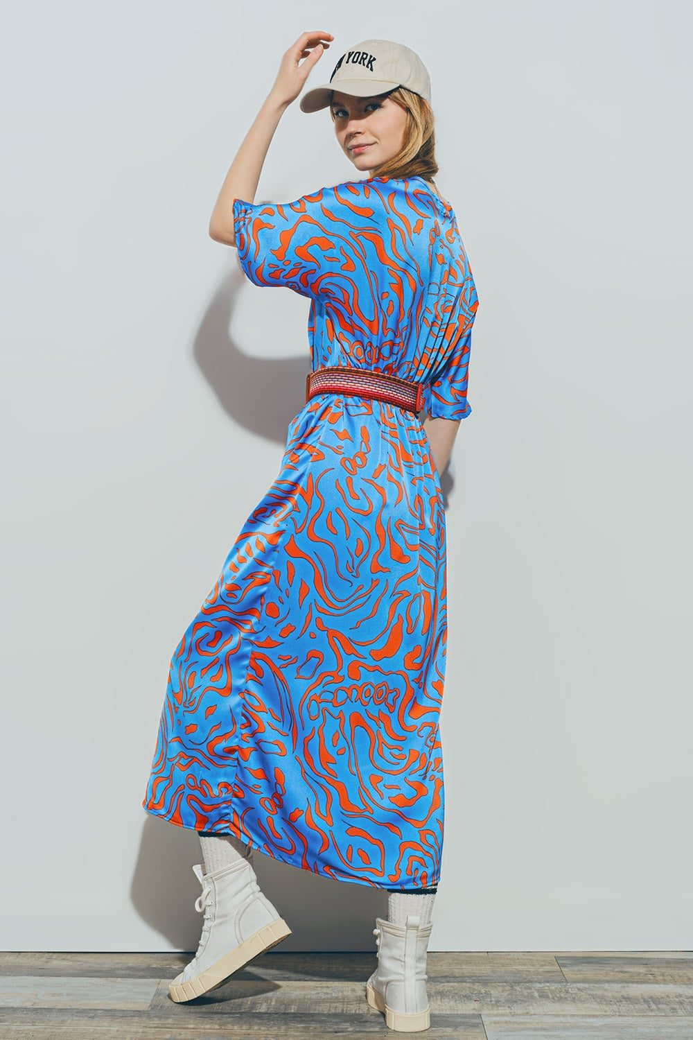 Satin V-Neck Midi Dress in Blue