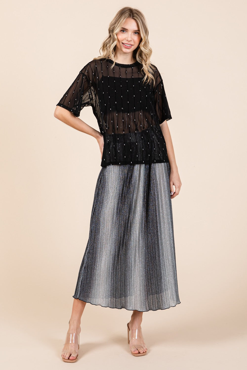 Black Round Neck Drop Shoulder Mesh Glitter Top