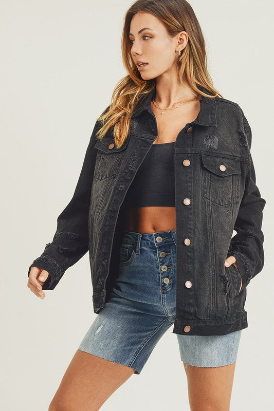 Risen Distressed Long Sleeve Denim Jacket