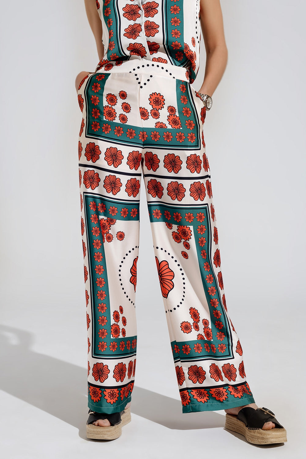 Satin Creme Flared Pants with Floral Design