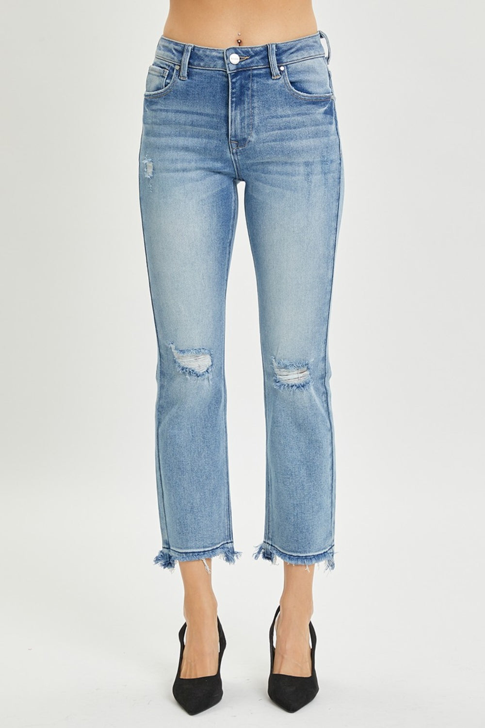 Mid Wash High Rise Distressed Cropped Straight Jeans