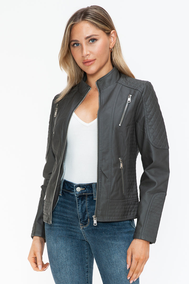 Charcoal Faux Leather Zip Up Mock Neck Jacket