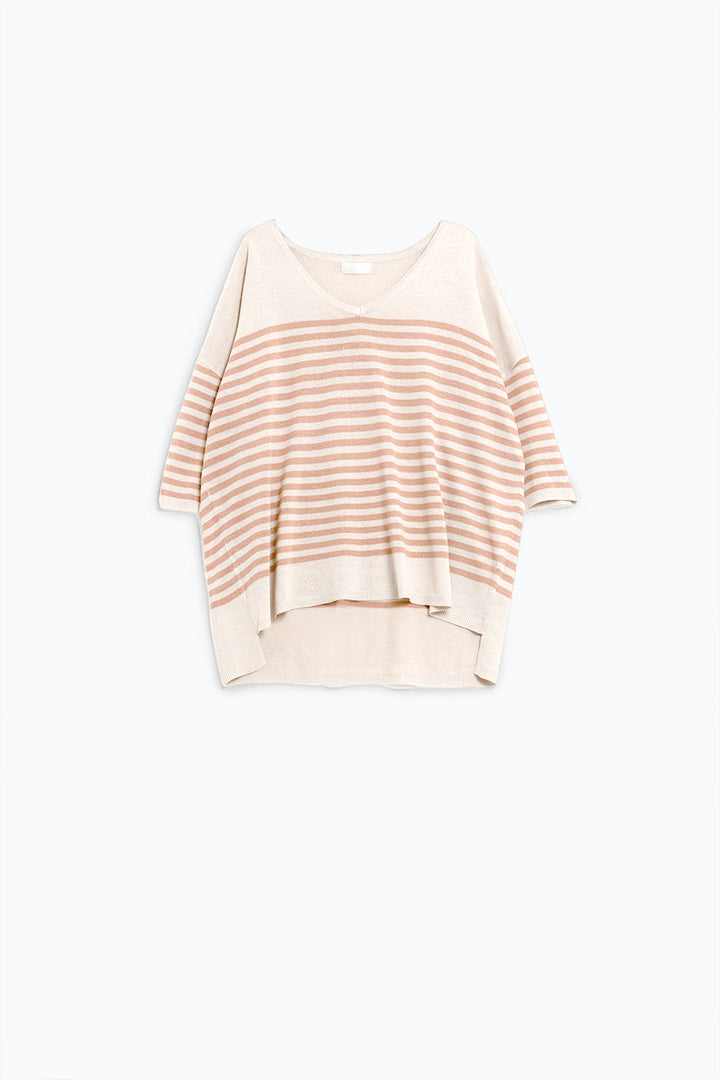 Oversized Beige Sweater with Brown Stripes and V-Neck