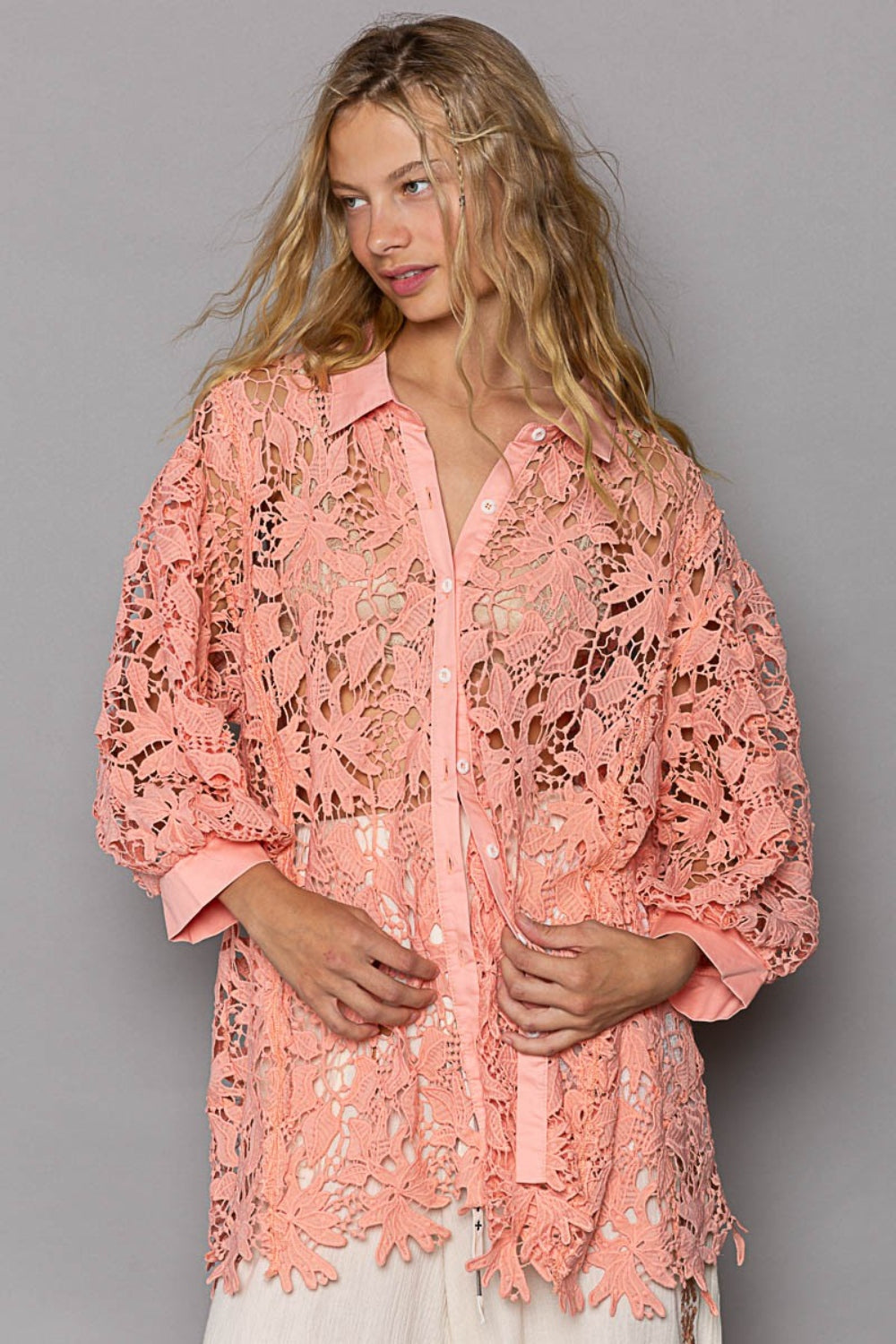 Coral Peach Collared Neck Button Up Lace Shirt