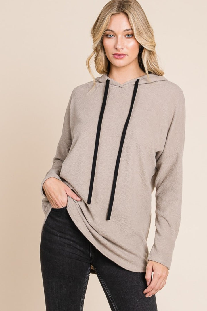 Taupe Contrast Drawstring Drop Shoulder Knit Hoodie