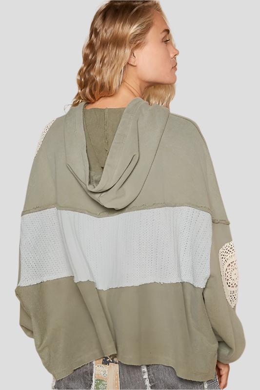 Sage Openwork Contrast Dropped Shoulder Hoodie