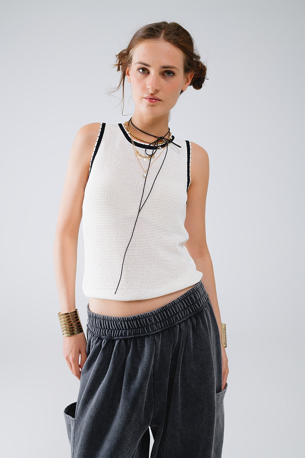 Pointelle White Sleeveless Top with Black and White Trim Detail