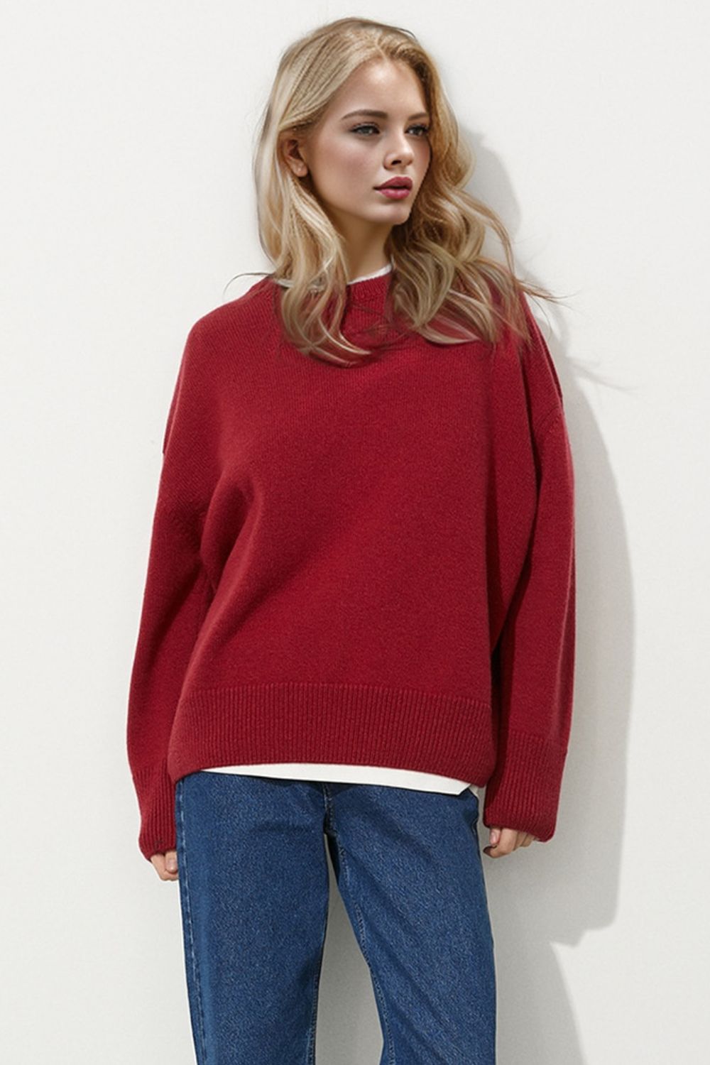 Round Neck Dropped Shoulder Long Sleeve Sweater