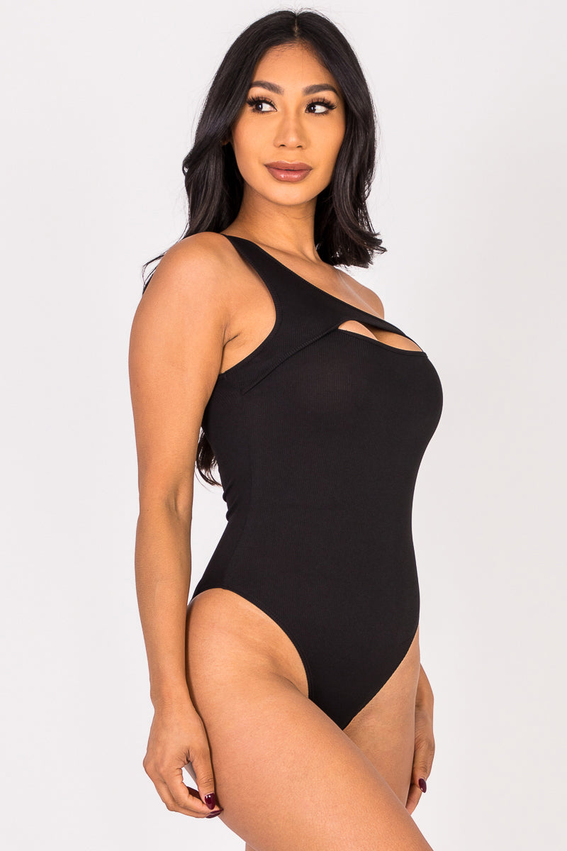 Ribbed Knit Cut Out One Shoulder Bodysuit