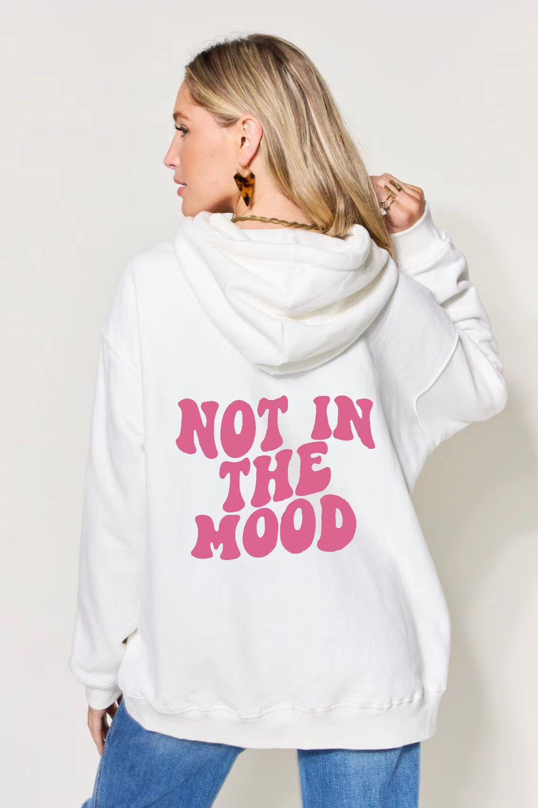 NOT IN THE MOOD Graphic Zip-Up Hoodie with Pockets