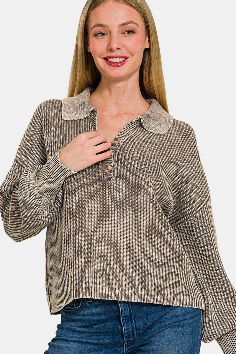 Mocha Washed Half Button Long Sleeve Sweater