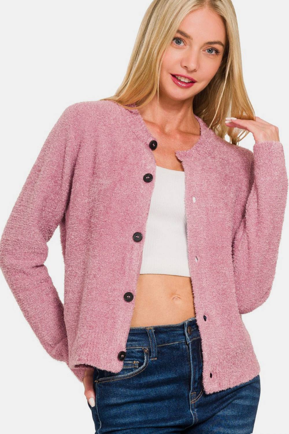 Light Pink Button Down Long Sleeve Sweater Cardigan