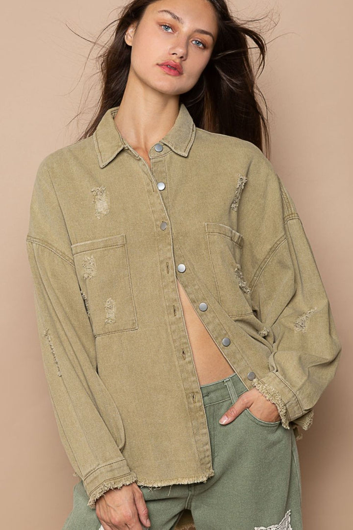 Mocha Button Down Raw Hem Distressed Shacket