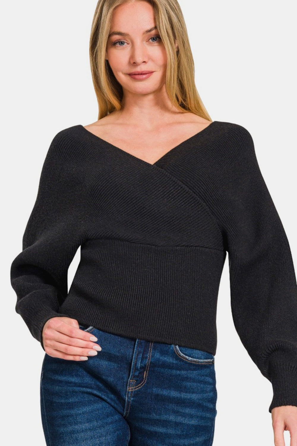 Black Cross Wrap Rib Long Sleeve Sweater