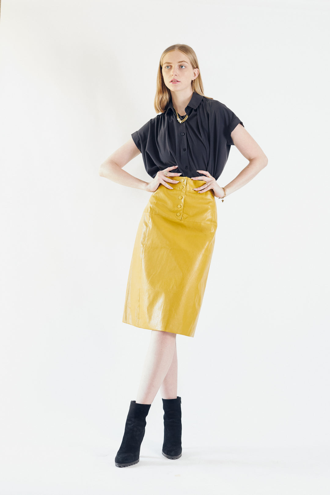 Power Woman Mustard Leather Skirt