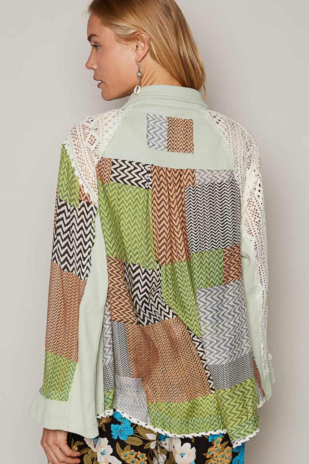 Color Block Crochet Long Sleeve Shirt