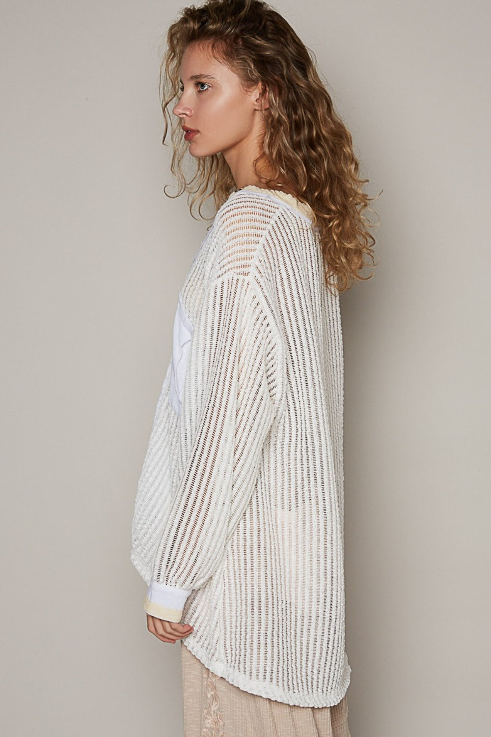 Off White V-Neck Long Sleeve Crochet Top