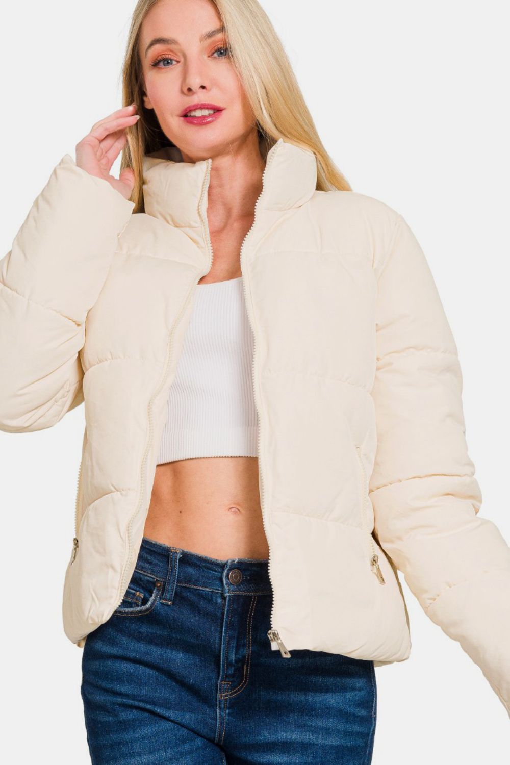 Beige Zip Up Turtleneck Puffer Jacket with Pockets