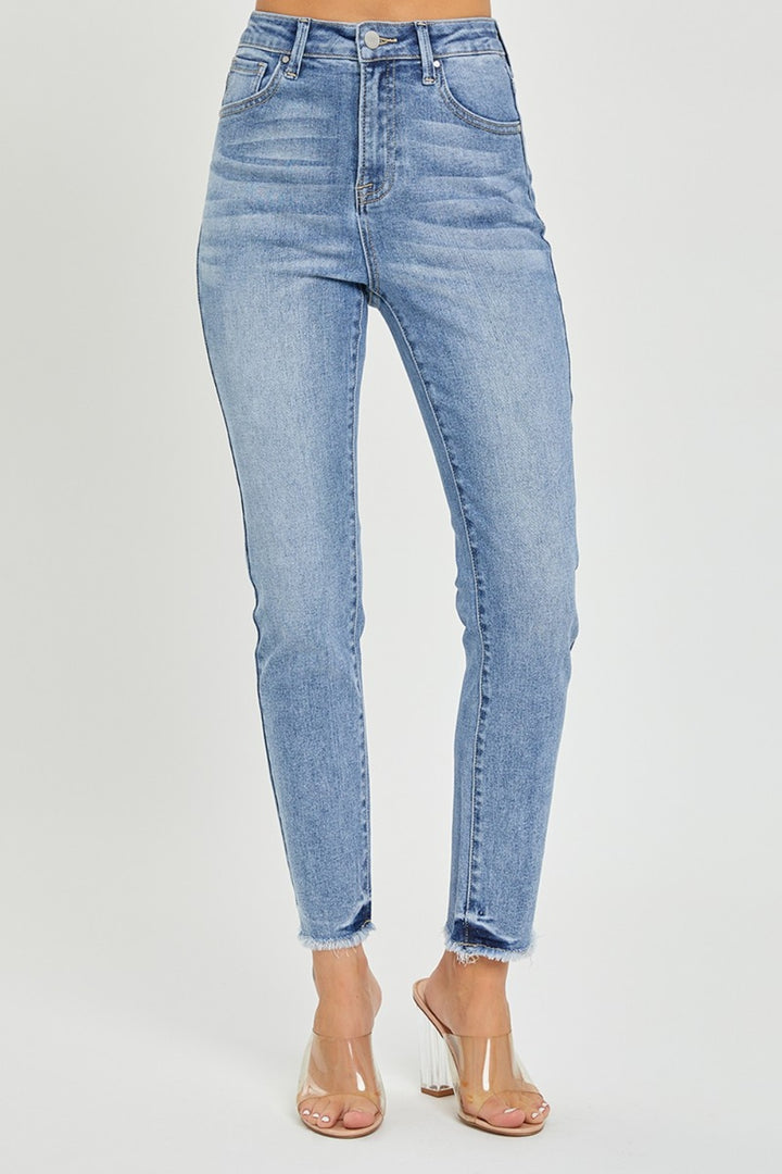 Mid Blue Full Size High Rise Frayed Hem Skinny Jeans