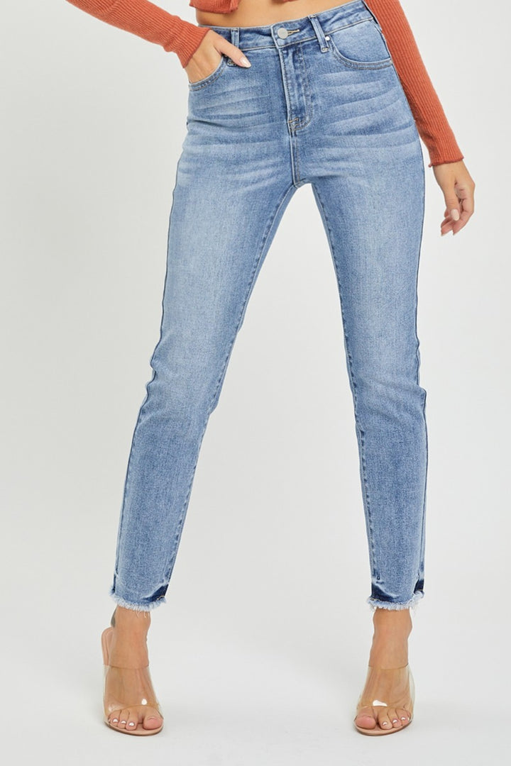 Mid Blue Full Size High Rise Frayed Hem Skinny Jeans