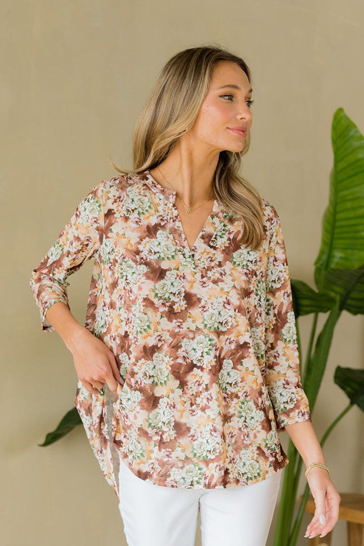 Wrinkle-Free Floral Notched Top