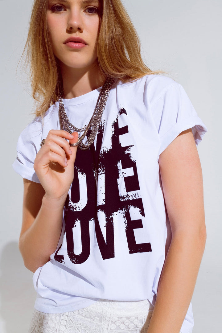 Short Sleeve T-Shirt with Love Text on Front in White
