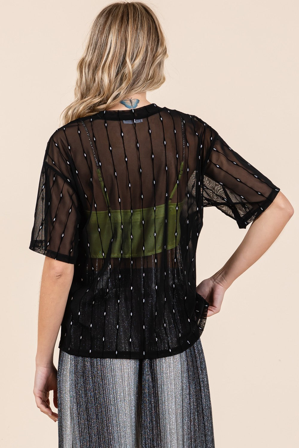 Black Round Neck Drop Shoulder Mesh Glitter Top